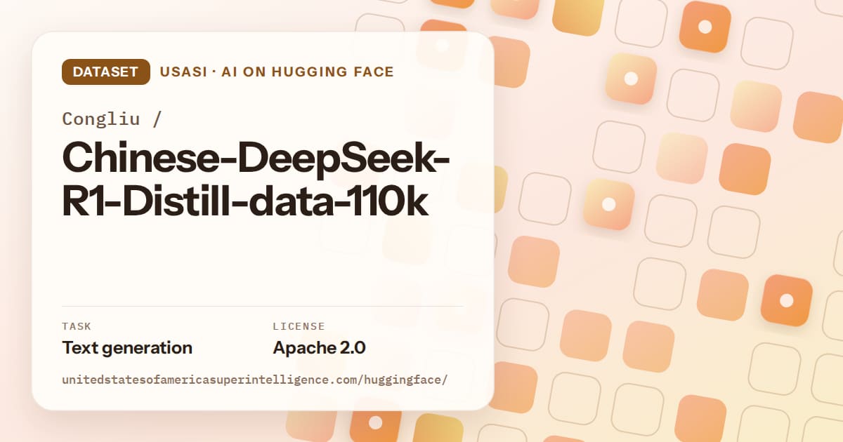 Generated orange rounded-tile grid artwork for the dataset Congliu/Chinese-DeepSeek-R1-Distill-data-110k, labeled USASI · AI on Hugging Face, with Task: Text generation · License: Apache 2.0.
