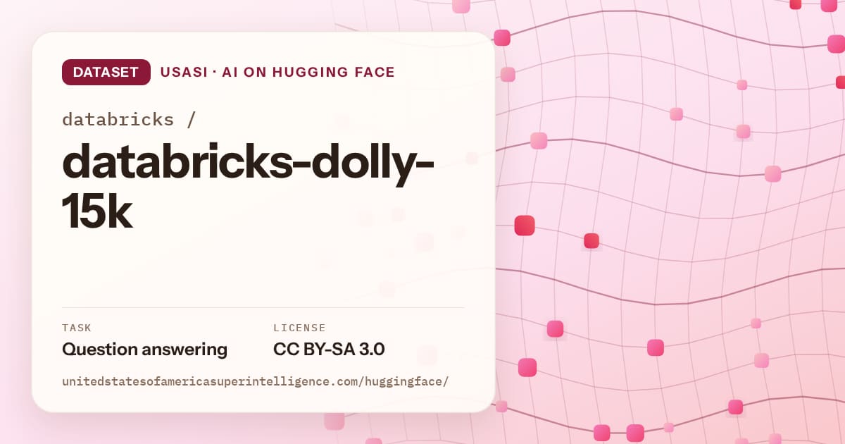 Generated rose wave-lattice artwork for the dataset databricks/databricks-dolly-15k, labeled USASI · AI on Hugging Face, with Task: Question answering · License: CC BY-SA 3.0.