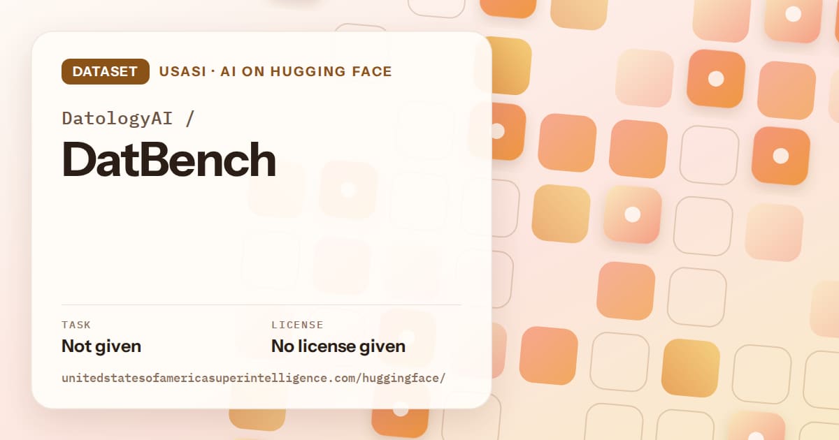 Generated orange rounded-tile grid artwork for the dataset DatologyAI/DatBench, labeled USASI · AI on Hugging Face, with Task: Not given · License: No license given.
