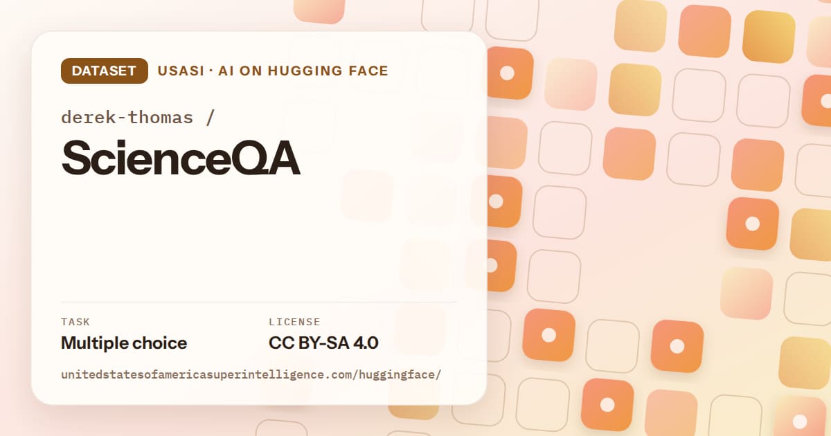 Generated orange rounded-tile grid artwork for the dataset derek-thomas/ScienceQA, labeled USASI · AI on Hugging Face, with Task: Multiple choice · License: CC BY-SA 4.0.