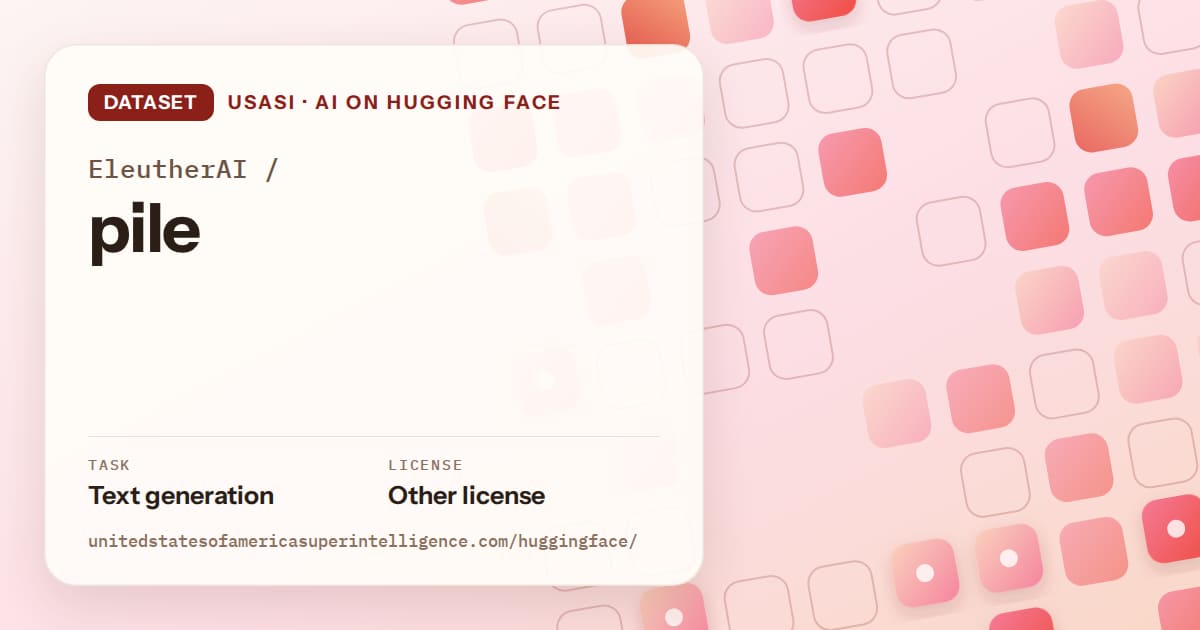 Generated coral rounded-tile grid artwork for the dataset EleutherAI/pile, labeled USASI · AI on Hugging Face, with Task: Text generation · License: Other license.