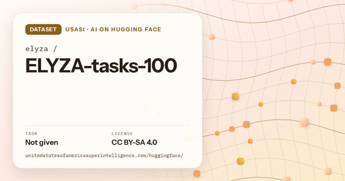Generated amber wave-lattice artwork for the dataset elyza/ELYZA-tasks-100, labeled USASI · AI on Hugging Face, with Task: Not given · License: CC BY-SA 4.0.