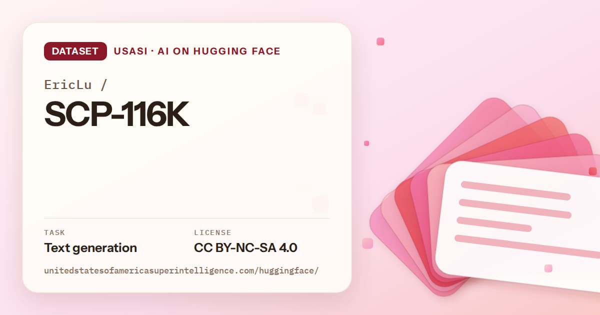 Generated coral layered-card artwork for the dataset EricLu/SCP-116K, labeled USASI · AI on Hugging Face, with Task: Text generation · License: CC BY-NC-SA 4.0.
