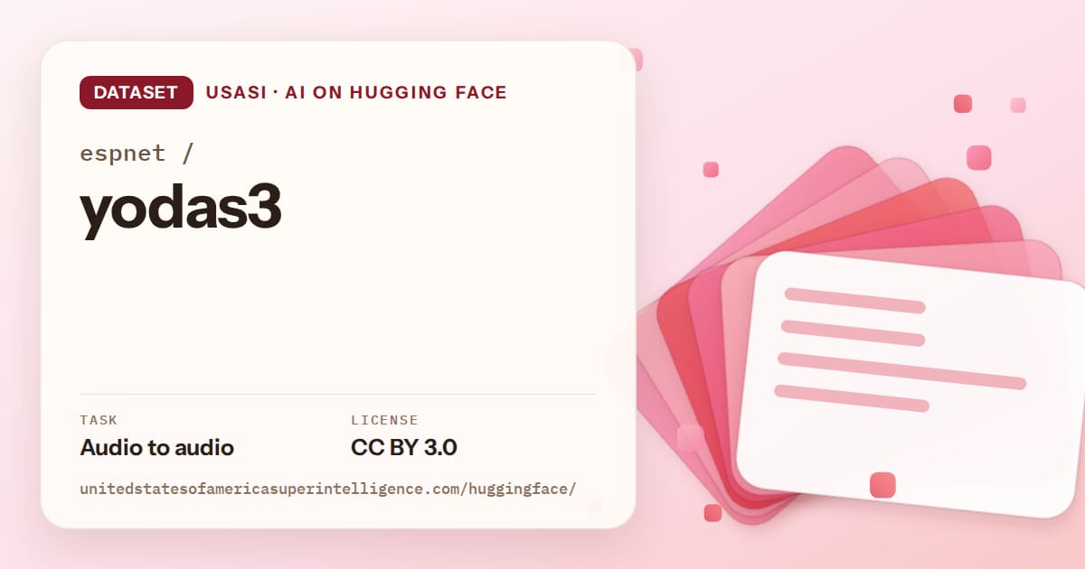 Generated coral layered-card artwork for the dataset espnet/yodas3, labeled USASI · AI on Hugging Face, with Task: Audio to audio · License: CC BY 3.0.