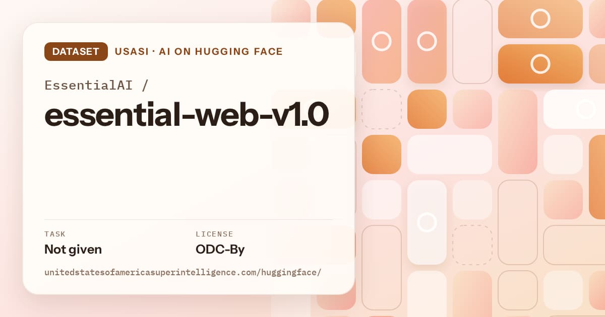 Generated orange tile-mosaic artwork for the dataset EssentialAI/essential-web-v1.0, labeled USASI · AI on Hugging Face, with Task: Not given · License: ODC-By.