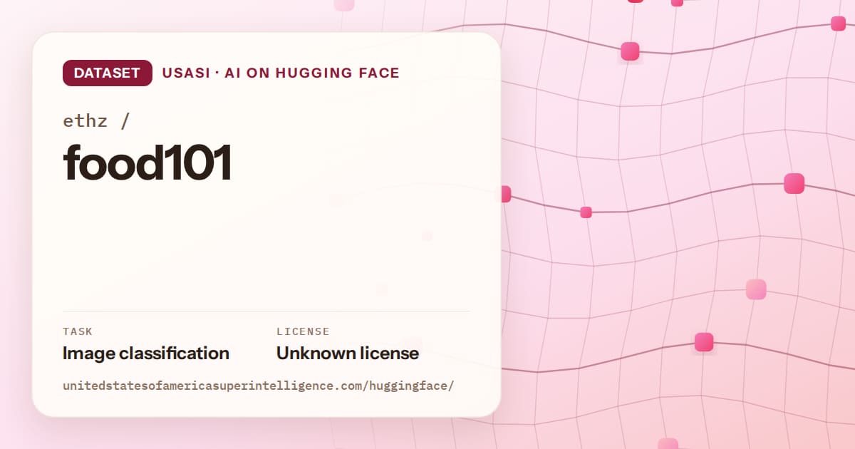 Generated rose wave-lattice artwork for the dataset ethz/food101, labeled USASI · AI on Hugging Face, with Task: Image classification · License: Unknown license.