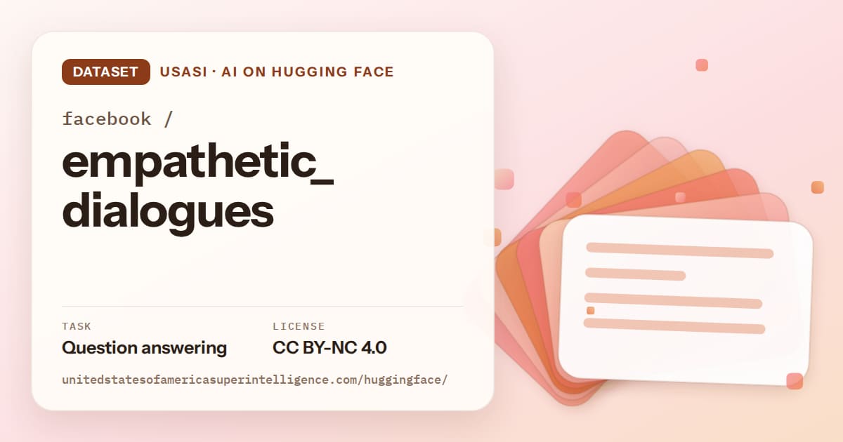 Generated tangerine layered-card artwork for the dataset facebook/empathetic_dialogues, labeled USASI · AI on Hugging Face, with Task: Question answering · License: CC BY-NC 4.0.