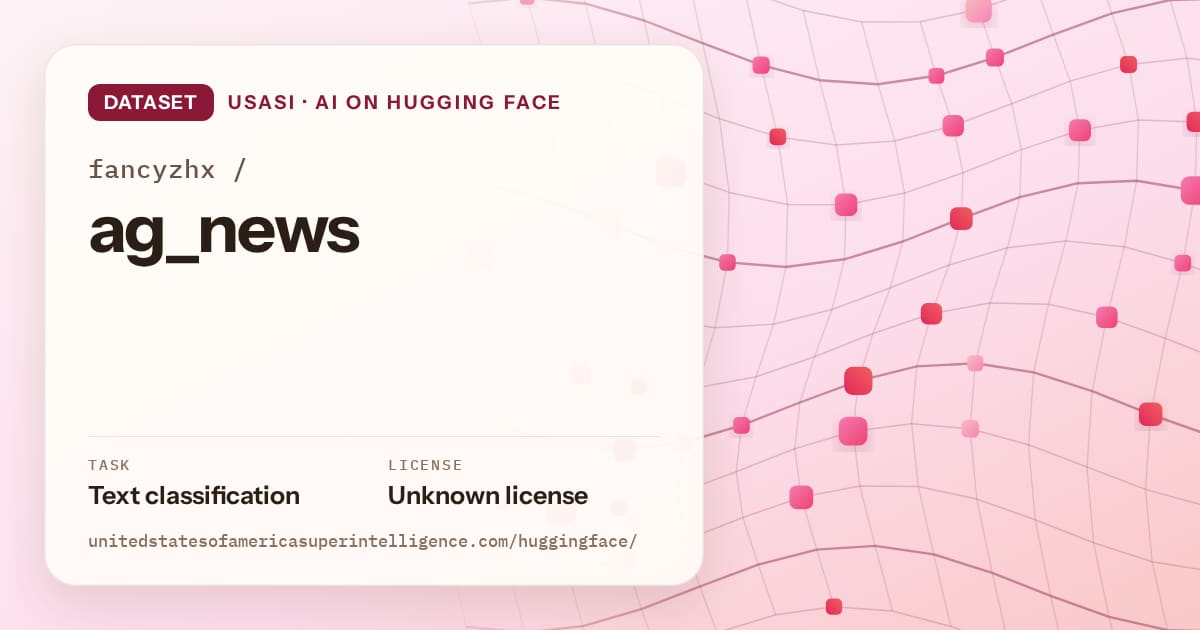 Generated rose wave-lattice artwork for the dataset fancyzhx/ag_news, labeled USASI · AI on Hugging Face, with Task: Text classification · License: Unknown license.