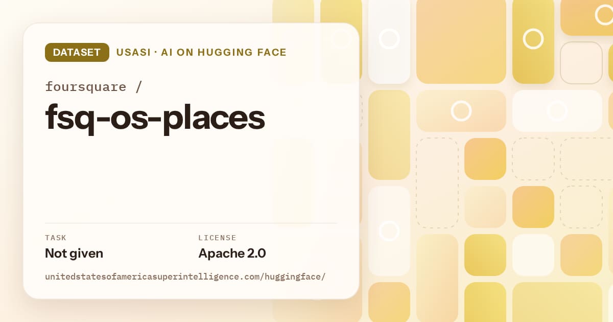 Generated gold tile-mosaic artwork for the dataset foursquare/fsq-os-places, labeled USASI · AI on Hugging Face, with Task: Not given · License: Apache 2.0.