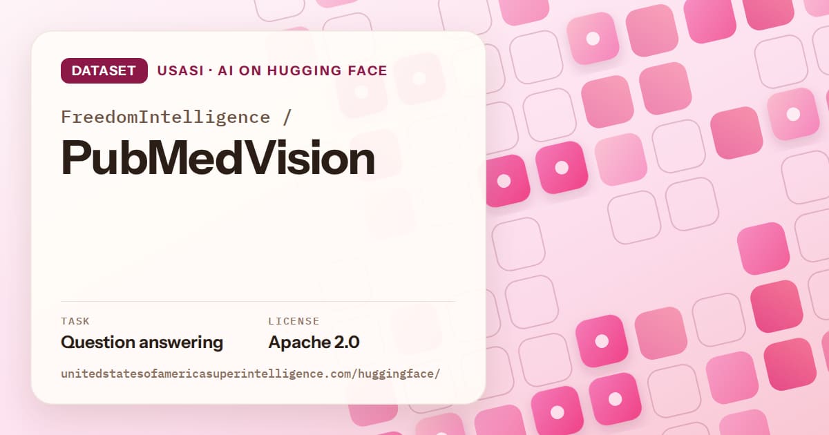 Generated rose rounded-tile grid artwork for the dataset FreedomIntelligence/PubMedVision, labeled USASI · AI on Hugging Face, with Task: Question answering · License: Apache 2.0.