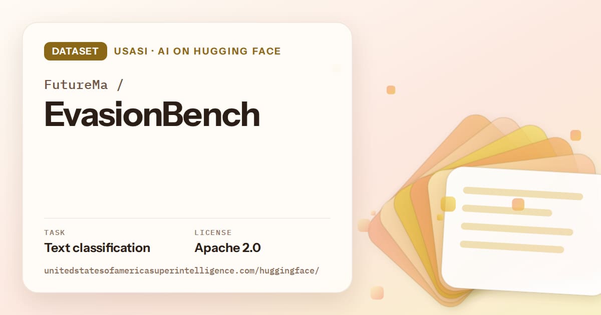 Generated amber layered-card artwork for the dataset FutureMa/EvasionBench, labeled USASI · AI on Hugging Face, with Task: Text classification · License: Apache 2.0.