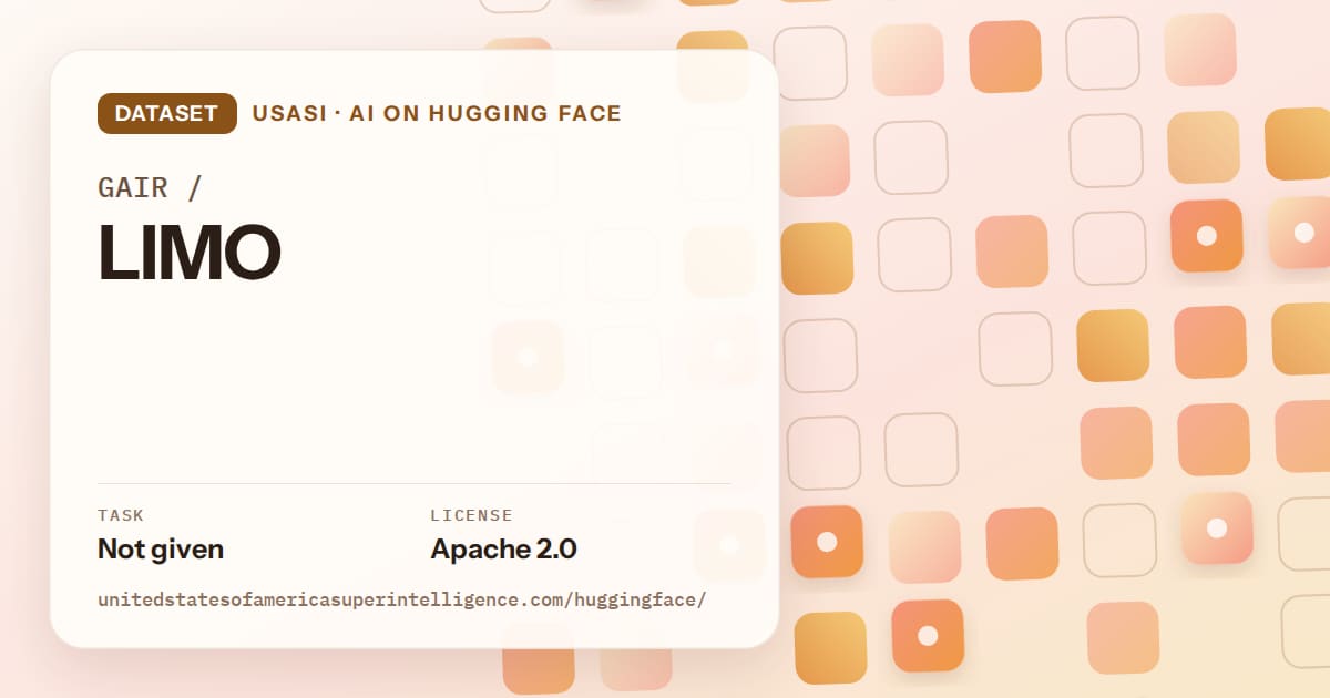 Generated orange rounded-tile grid artwork for the dataset GAIR/LIMO, labeled USASI · AI on Hugging Face, with Task: Not given · License: Apache 2.0.