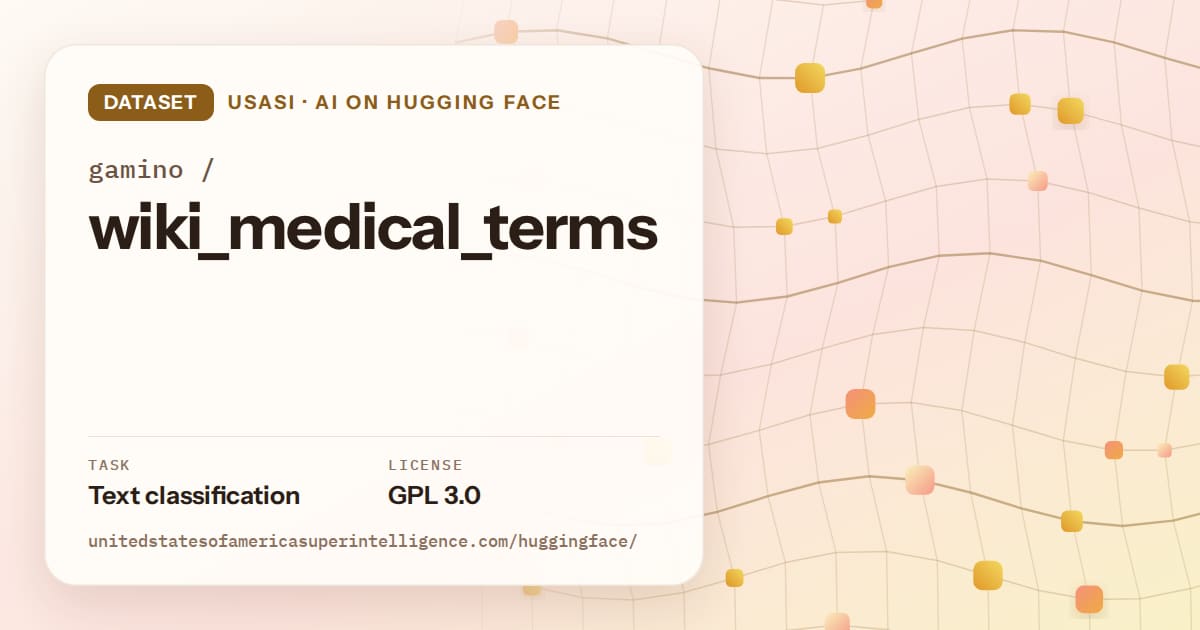 Generated amber wave-lattice artwork for the dataset gamino/wiki_medical_terms, labeled USASI · AI on Hugging Face, with Task: Text classification · License: GPL 3.0.