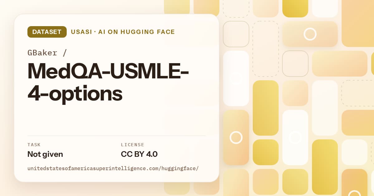 Generated gold tile-mosaic artwork for the dataset GBaker/MedQA-USMLE-4-options, labeled USASI · AI on Hugging Face, with Task: Not given · License: CC BY 4.0.