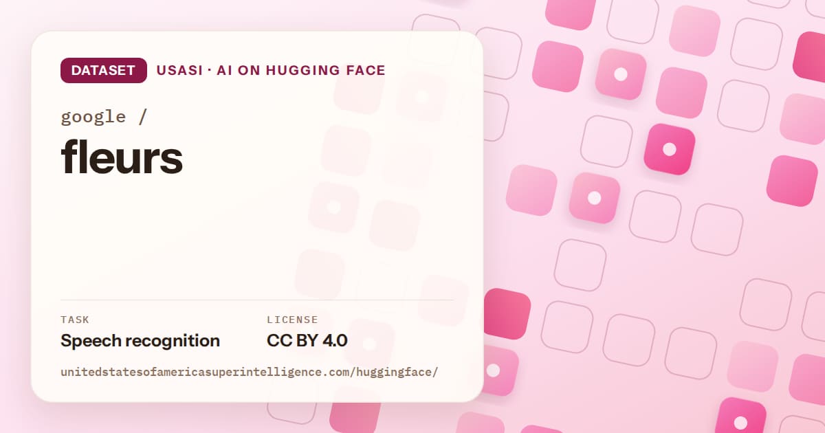 Generated rose rounded-tile grid artwork for the dataset google/fleurs, labeled USASI · AI on Hugging Face, with Task: Speech recognition · License: CC BY 4.0.