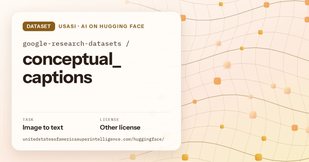 Generated amber wave-lattice artwork for the dataset google-research-datasets/conceptual_captions, labeled USASI · AI on Hugging Face, with Task: Image to text · License: Other license.