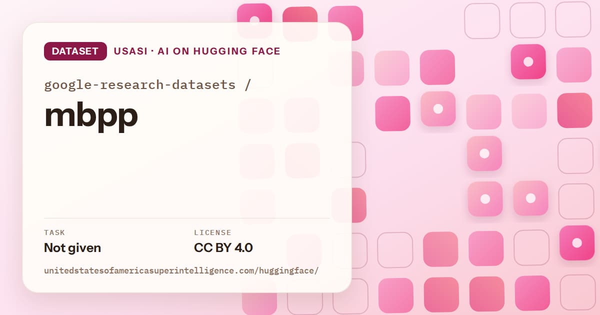 Generated rose rounded-tile grid artwork for the dataset google-research-datasets/mbpp, labeled USASI · AI on Hugging Face, with Task: Not given · License: CC BY 4.0.
