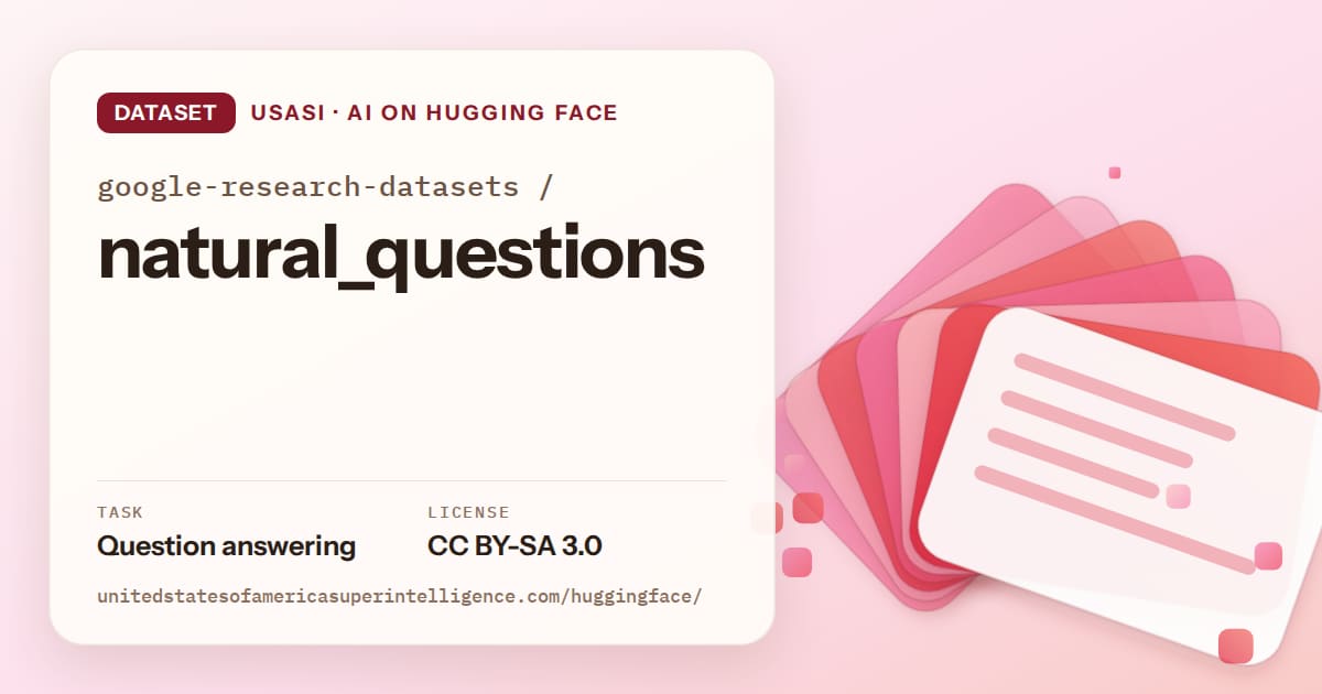 Generated coral layered-card artwork for the dataset google-research-datasets/natural_questions, labeled USASI · AI on Hugging Face, with Task: Question answering · License: CC BY-SA 3.0.