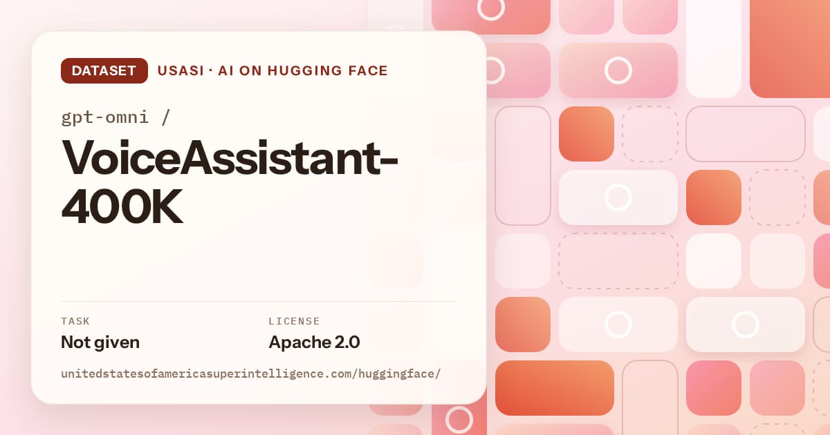 Generated coral tile-mosaic artwork for the dataset gpt-omni/VoiceAssistant-400K, labeled USASI · AI on Hugging Face, with Task: Not given · License: Apache 2.0.