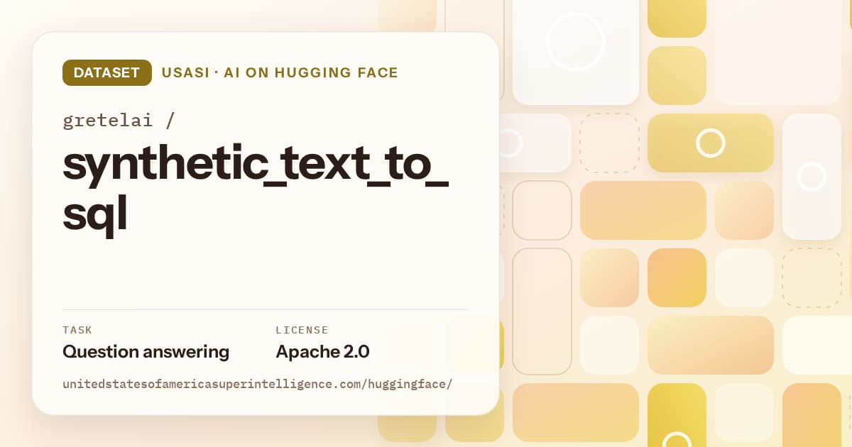 Generated gold tile-mosaic artwork for the dataset gretelai/synthetic_text_to_sql, labeled USASI · AI on Hugging Face, with Task: Question answering · License: Apache 2.0.