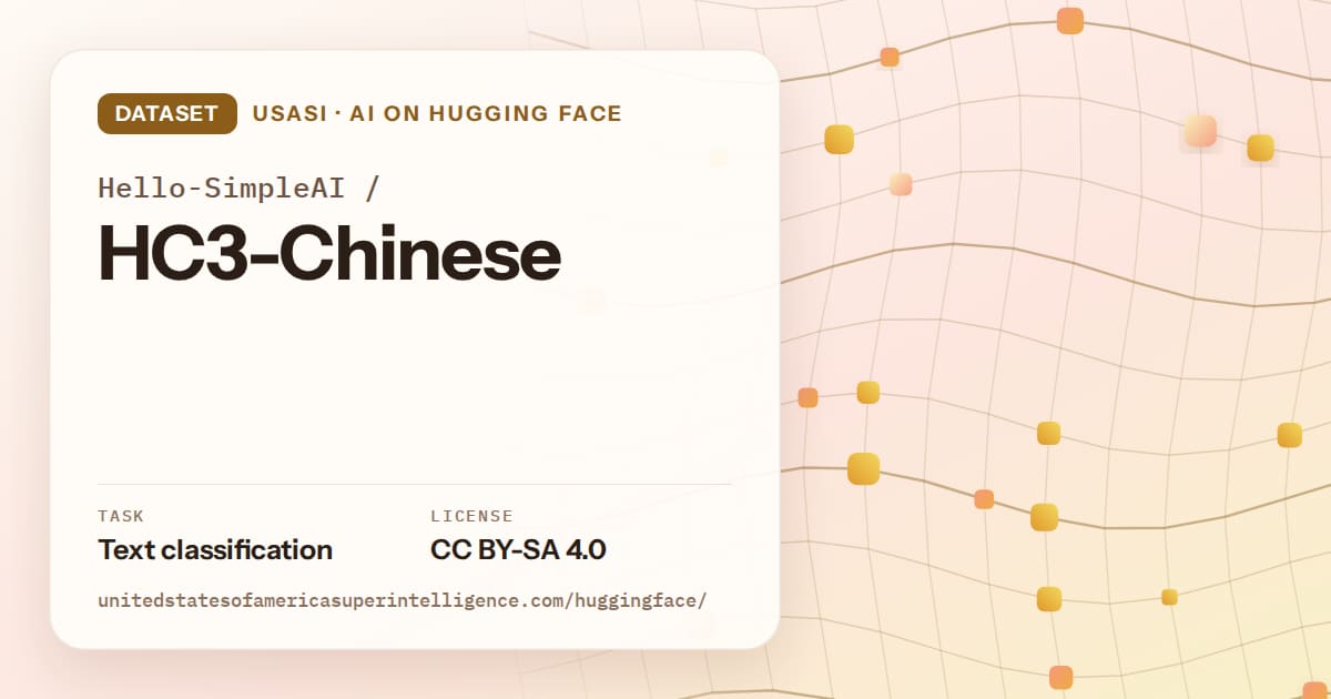 Generated amber wave-lattice artwork for the dataset Hello-SimpleAI/HC3-Chinese, labeled USASI · AI on Hugging Face, with Task: Text classification · License: CC BY-SA 4.0.