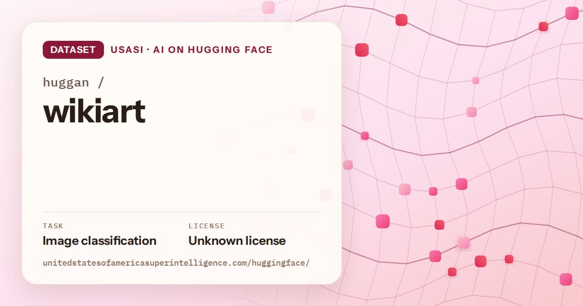 Generated rose wave-lattice artwork for the dataset huggan/wikiart, labeled USASI · AI on Hugging Face, with Task: Image classification · License: Unknown license.