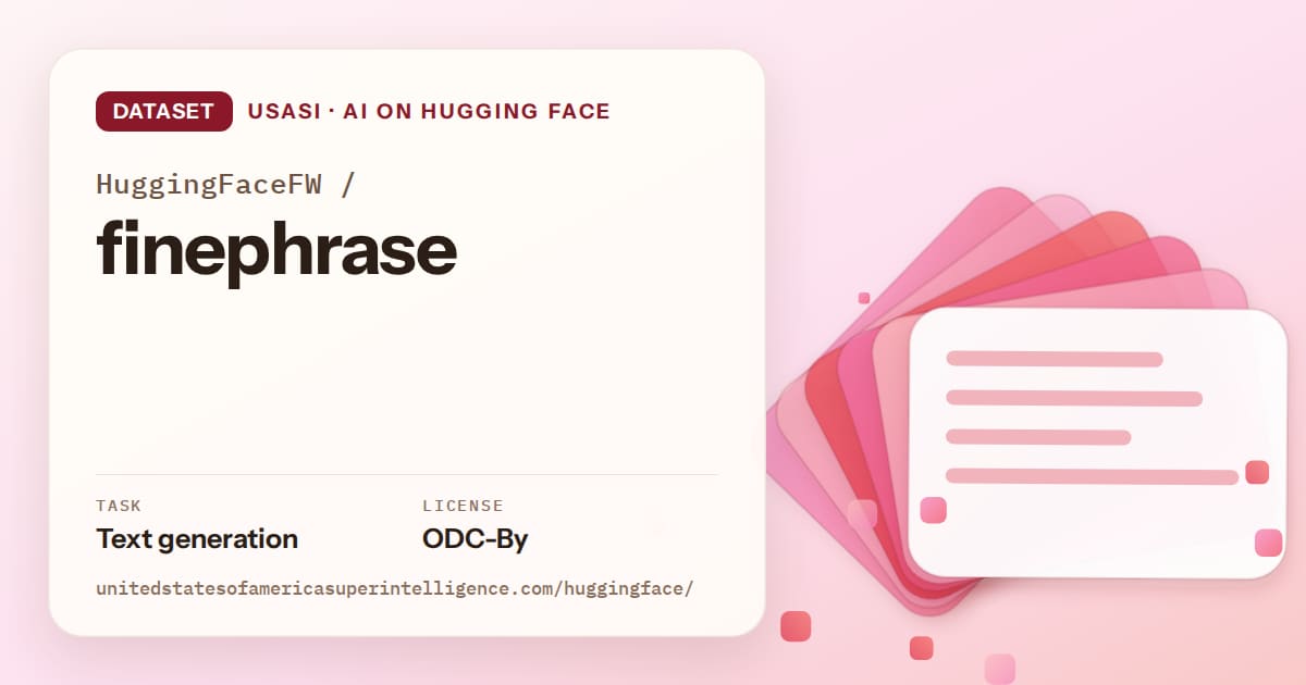 Generated coral layered-card artwork for the dataset HuggingFaceFW/finephrase, labeled USASI · AI on Hugging Face, with Task: Text generation · License: ODC-By.