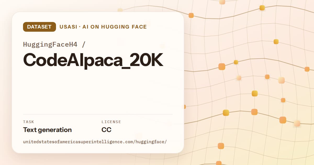 Generated amber wave-lattice artwork for the dataset HuggingFaceH4/CodeAlpaca_20K, labeled USASI · AI on Hugging Face, with Task: Text generation · License: CC.