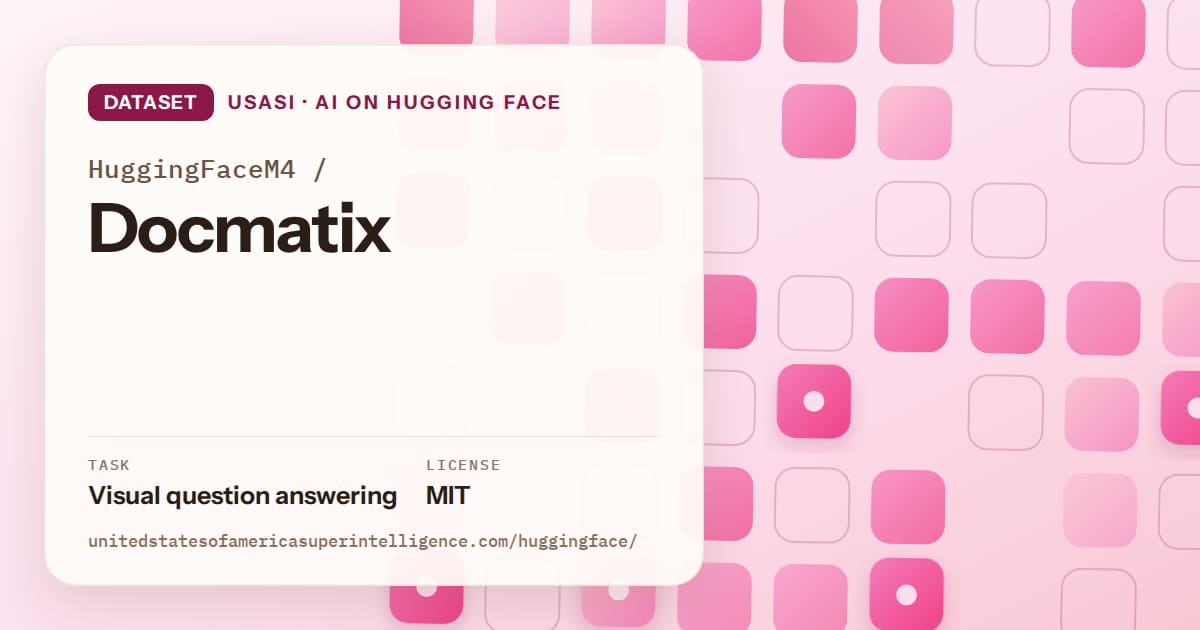 Generated rose rounded-tile grid artwork for the dataset HuggingFaceM4/Docmatix, labeled USASI · AI on Hugging Face, with Task: Visual question answering · License: MIT.