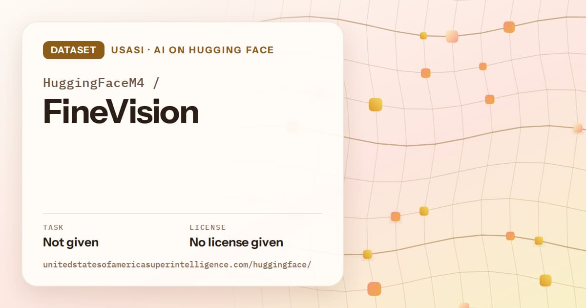 Generated amber wave-lattice artwork for the dataset HuggingFaceM4/FineVision, labeled USASI · AI on Hugging Face, with Task: Not given · License: No license given.