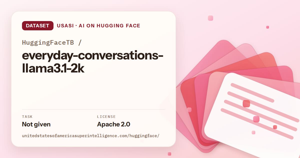Generated coral layered-card artwork for the dataset HuggingFaceTB/everyday-conversations-llama3.1-2k, labeled USASI · AI on Hugging Face, with Task: Not given · License: Apache 2.0.