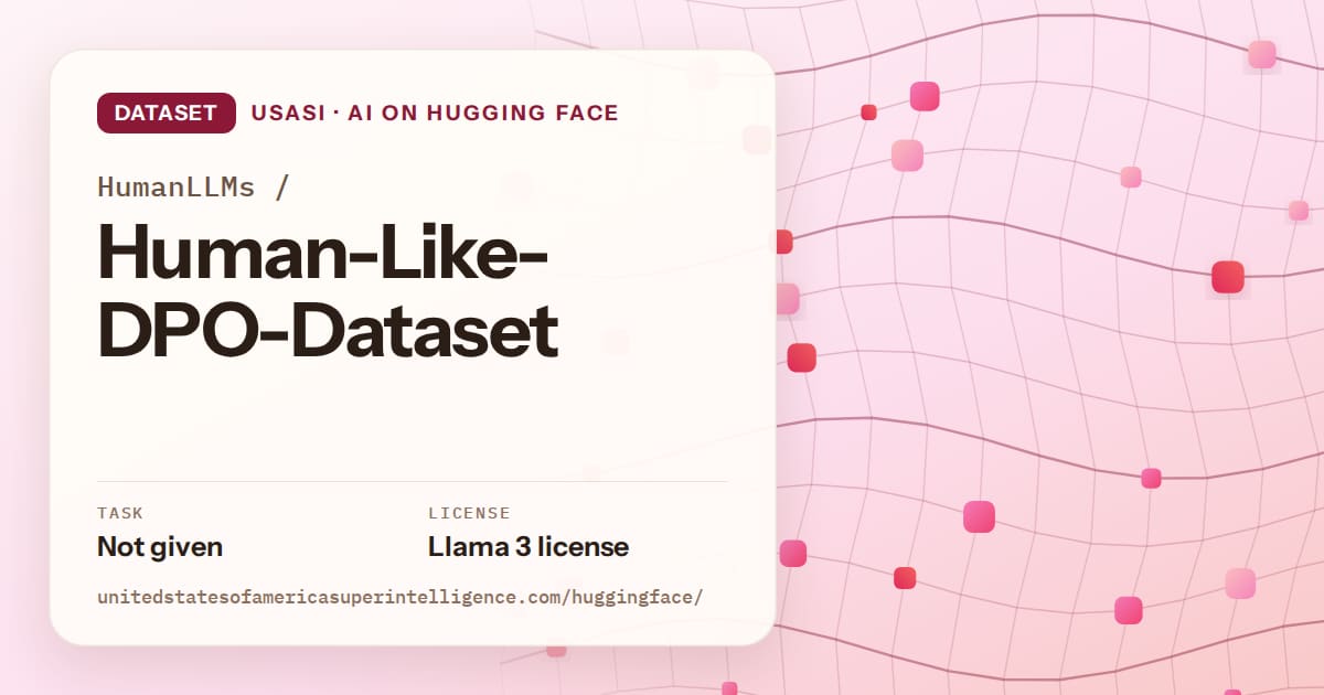 Generated rose wave-lattice artwork for the dataset HumanLLMs/Human-Like-DPO-Dataset, labeled USASI · AI on Hugging Face, with Task: Not given · License: Llama 3 license.