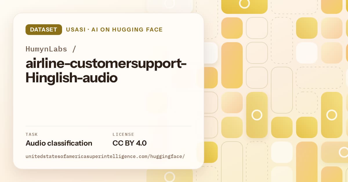 Generated gold tile-mosaic artwork for the dataset HumynLabs/airline-customersupport-Hinglish-audio, labeled USASI · AI on Hugging Face, with Task: Audio classification · License: CC BY 4.0.