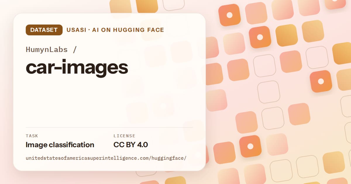 Generated orange rounded-tile grid artwork for the dataset HumynLabs/car-images, labeled USASI · AI on Hugging Face, with Task: Image classification · License: CC BY 4.0.
