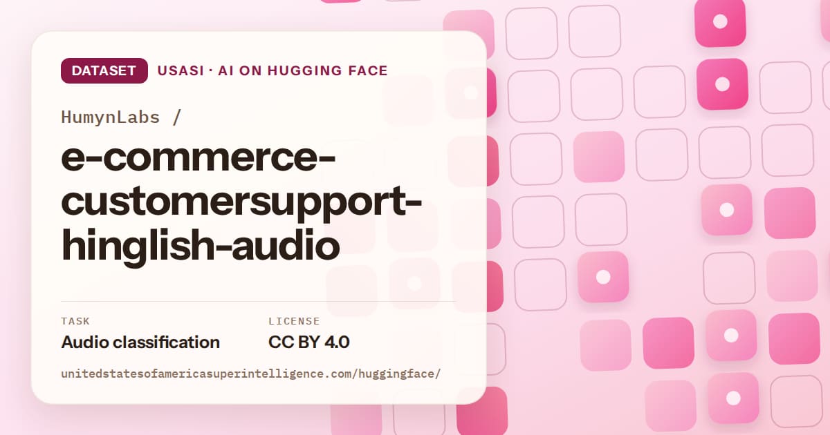 Generated rose rounded-tile grid artwork for the dataset HumynLabs/e-commerce-customersupport-hinglish-audio, labeled USASI · AI on Hugging Face, with Task: Audio classification · License: CC BY 4.0.