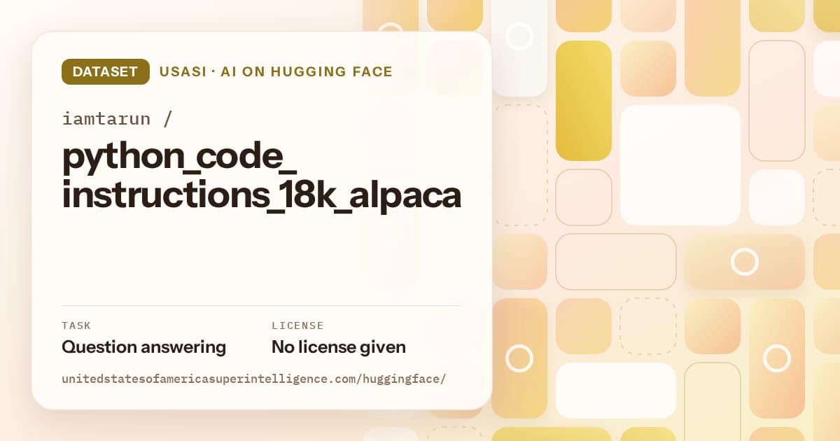 Generated gold tile-mosaic artwork for the dataset iamtarun/python_code_instructions_18k_alpaca, labeled USASI · AI on Hugging Face, with Task: Question answering · License: No license given.