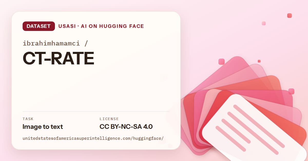 Generated coral layered-card artwork for the dataset ibrahimhamamci/CT-RATE, labeled USASI · AI on Hugging Face, with Task: Image to text · License: CC BY-NC-SA 4.0.