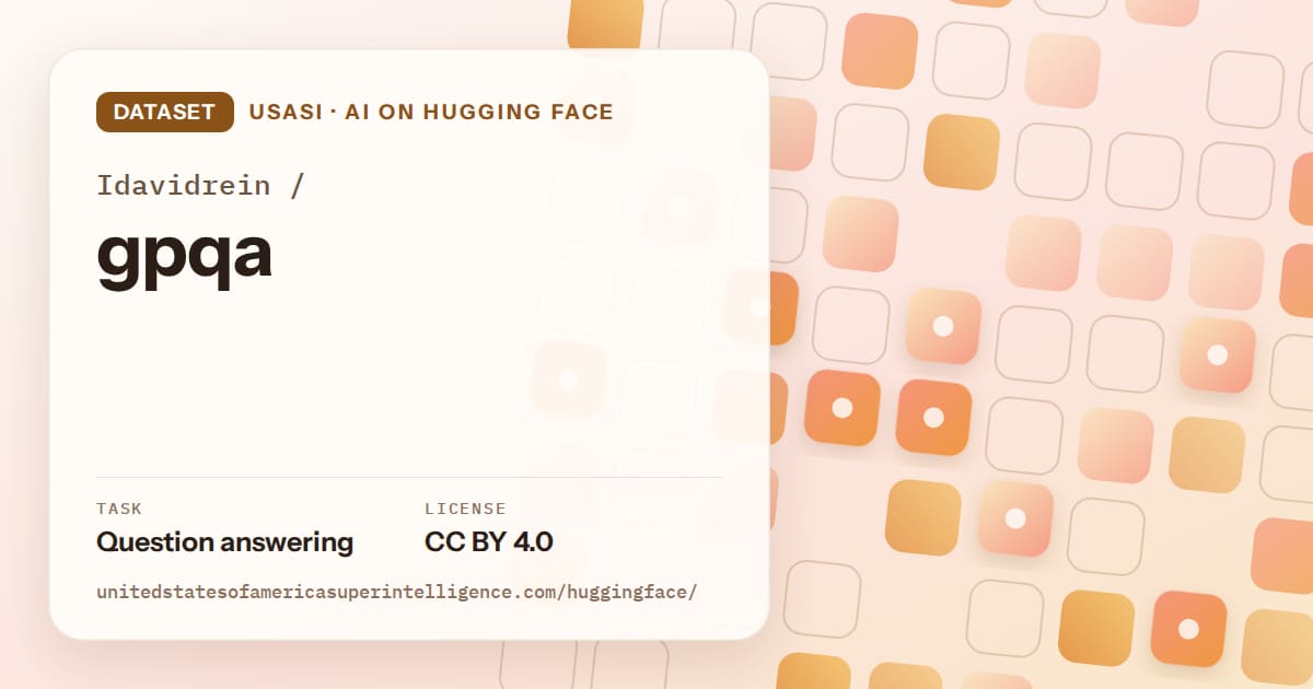 Generated orange rounded-tile grid artwork for the dataset Idavidrein/gpqa, labeled USASI · AI on Hugging Face, with Task: Question answering · License: CC BY 4.0.