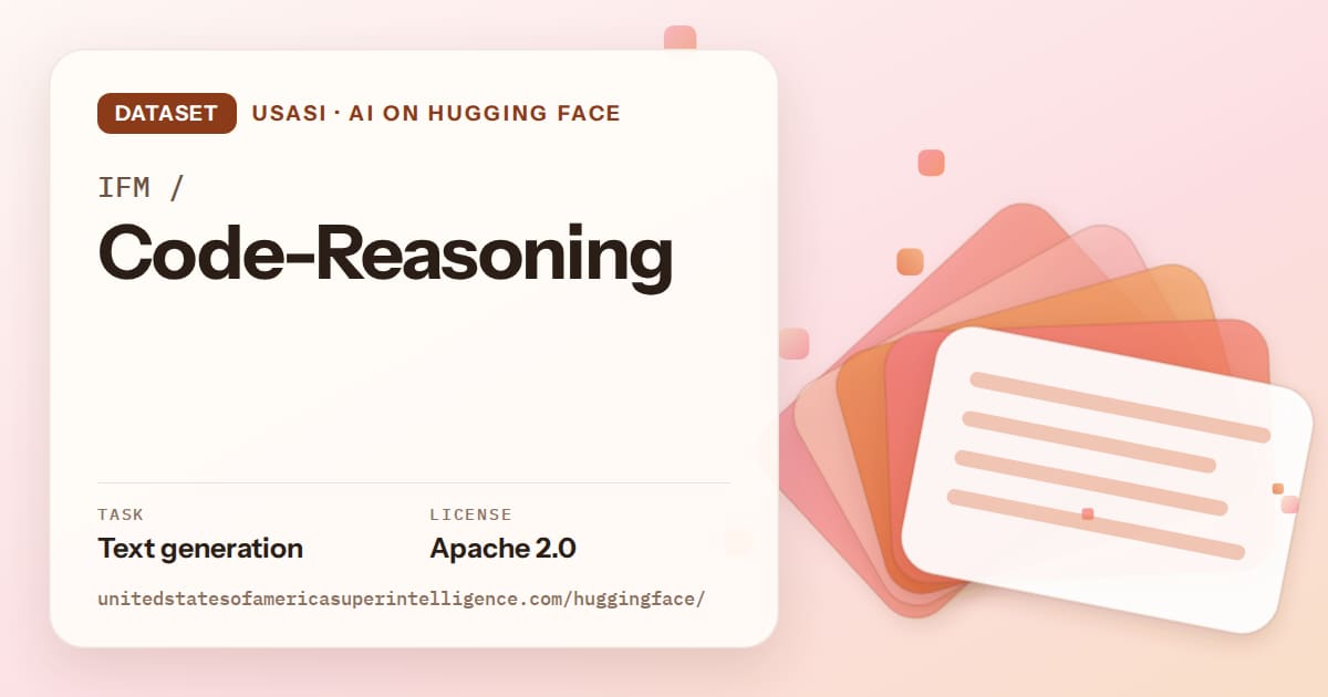 Generated tangerine layered-card artwork for the dataset IFM/Code-Reasoning, labeled USASI · AI on Hugging Face, with Task: Text generation · License: Apache 2.0.