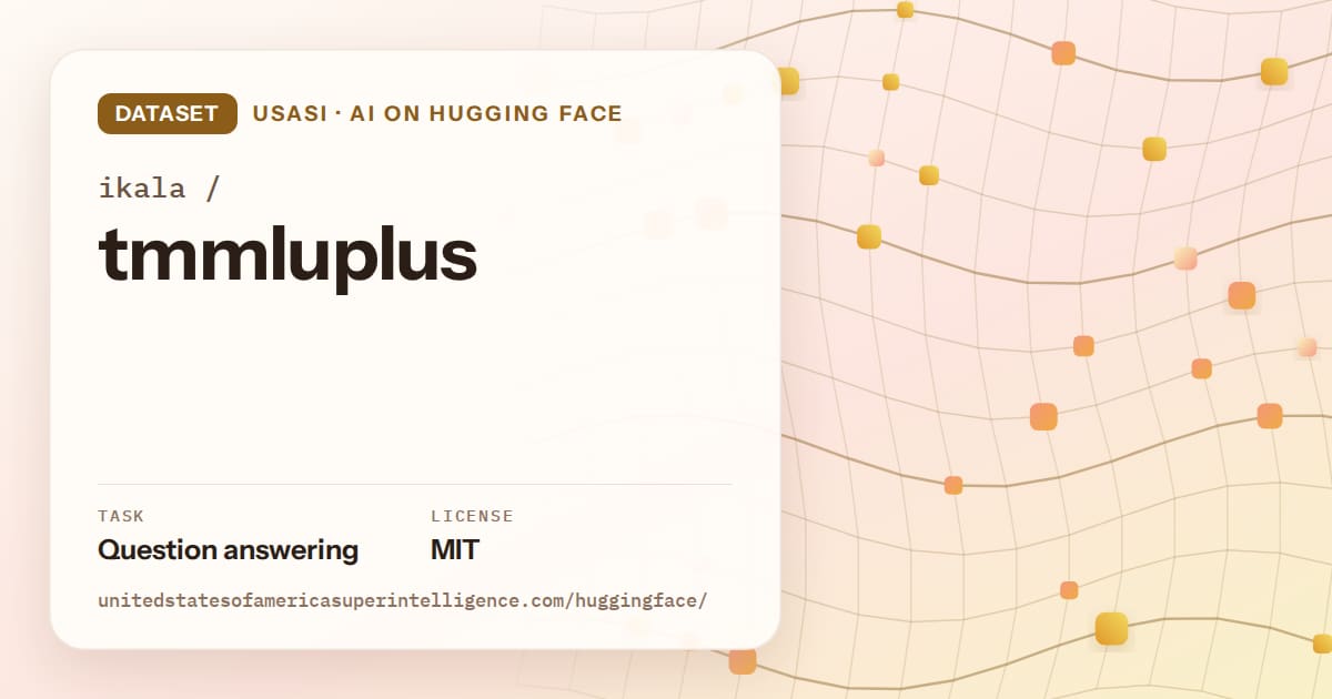 Generated amber wave-lattice artwork for the dataset ikala/tmmluplus, labeled USASI · AI on Hugging Face, with Task: Question answering · License: MIT.