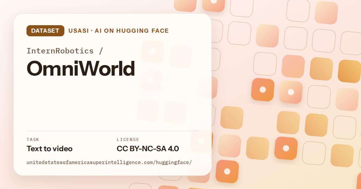 Generated orange rounded-tile grid artwork for the dataset InternRobotics/OmniWorld, labeled USASI · AI on Hugging Face, with Task: Text to video · License: CC BY-NC-SA 4.0.