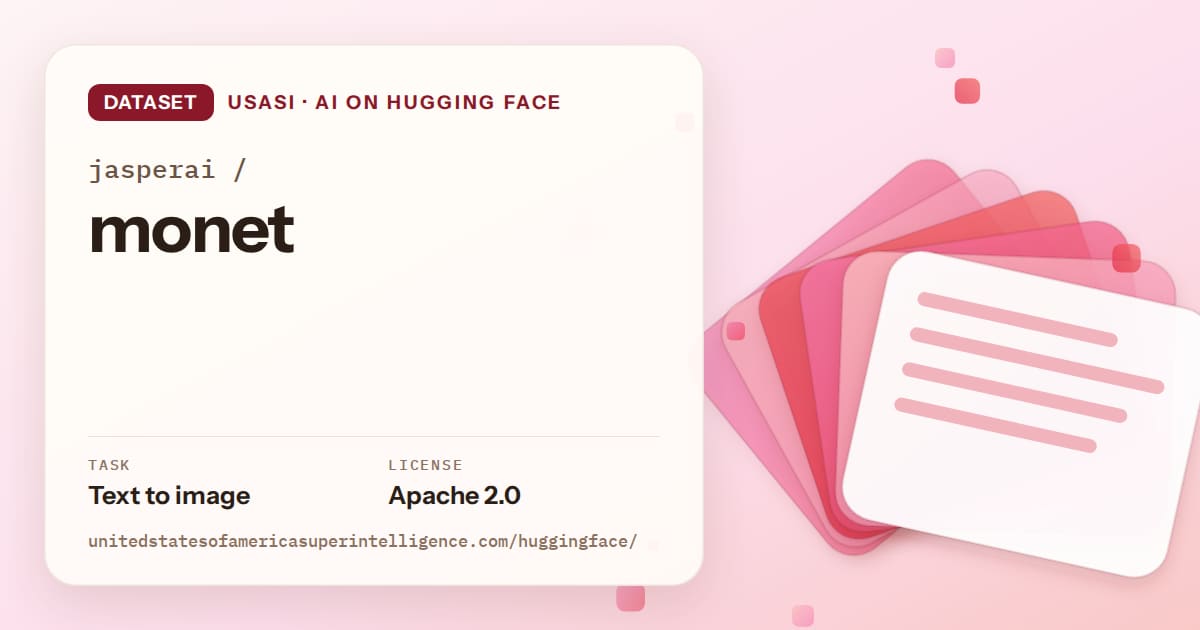 Generated coral layered-card artwork for the dataset jasperai/monet, labeled USASI · AI on Hugging Face, with Task: Text to image · License: Apache 2.0.