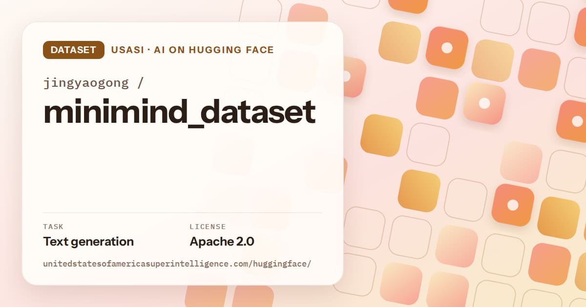 Generated orange rounded-tile grid artwork for the dataset jingyaogong/minimind_dataset, labeled USASI · AI on Hugging Face, with Task: Text generation · License: Apache 2.0.