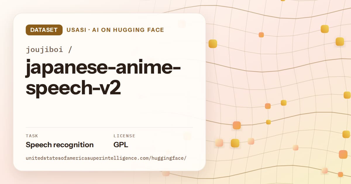 Generated amber wave-lattice artwork for the dataset joujiboi/japanese-anime-speech-v2, labeled USASI · AI on Hugging Face, with Task: Speech recognition · License: GPL.