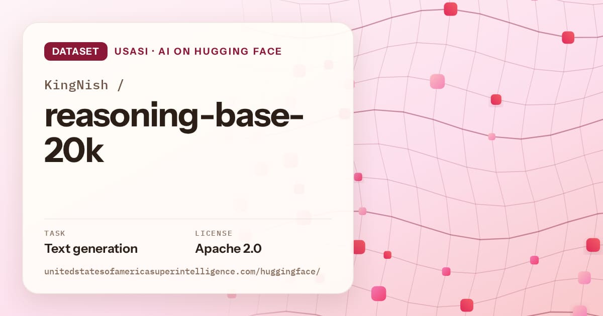 Generated rose wave-lattice artwork for the dataset KingNish/reasoning-base-20k, labeled USASI · AI on Hugging Face, with Task: Text generation · License: Apache 2.0.