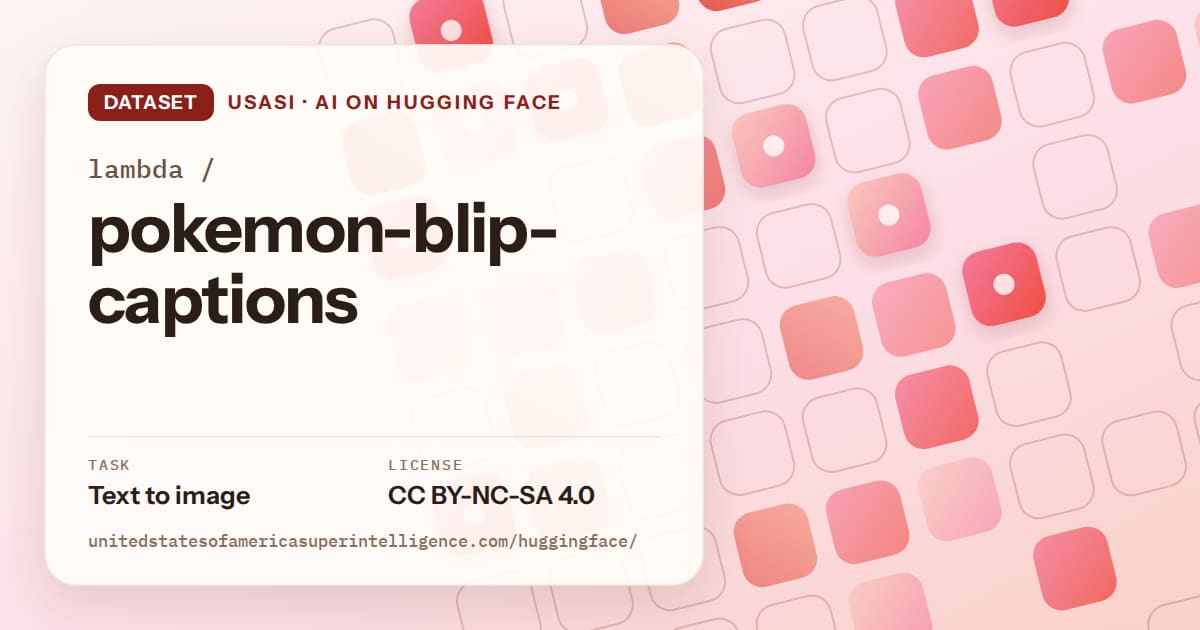 Generated coral rounded-tile grid artwork for the dataset lambda/pokemon-blip-captions, labeled USASI · AI on Hugging Face, with Task: Text to image · License: CC BY-NC-SA 4.0.