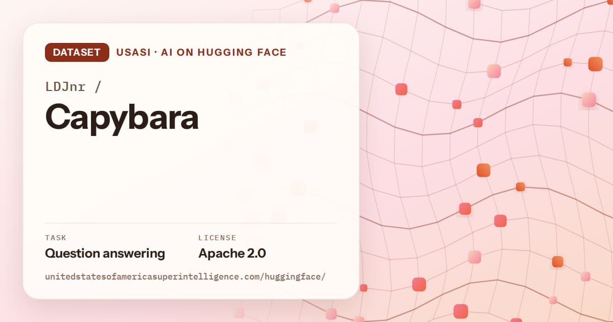 Generated tangerine wave-lattice artwork for the dataset LDJnr/Capybara, labeled USASI · AI on Hugging Face, with Task: Question answering · License: Apache 2.0.