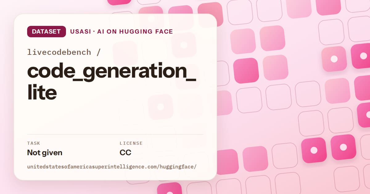 Generated rose rounded-tile grid artwork for the dataset livecodebench/code_generation_lite, labeled USASI · AI on Hugging Face, with Task: Not given · License: CC.