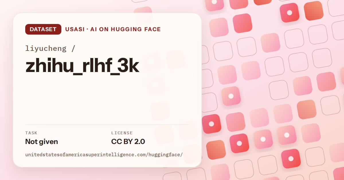Generated coral rounded-tile grid artwork for the dataset liyucheng/zhihu_rlhf_3k, labeled USASI · AI on Hugging Face, with Task: Not given · License: CC BY 2.0.