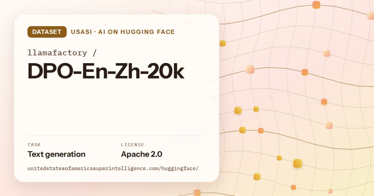 Generated amber wave-lattice artwork for the dataset llamafactory/DPO-En-Zh-20k, labeled USASI · AI on Hugging Face, with Task: Text generation · License: Apache 2.0.
